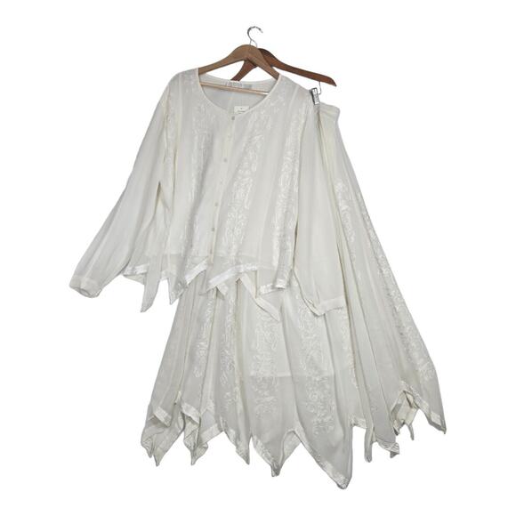 VTG Raiment Fashions NY 2 Pc Maxi Skirt Top Set Sz L White Embroider Fairy Boho - Picture 1 of 16